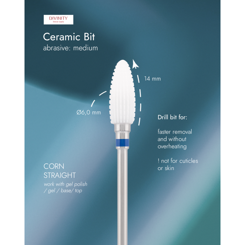Ceramic bit "corn" straight, blue, L-14,0 mm., Ø6,0 mm