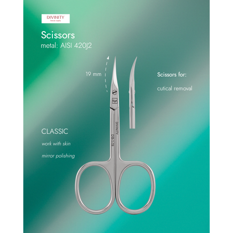 Professional scissors for cuticle, mirror polishing, L-91 mm, blades 19 mm