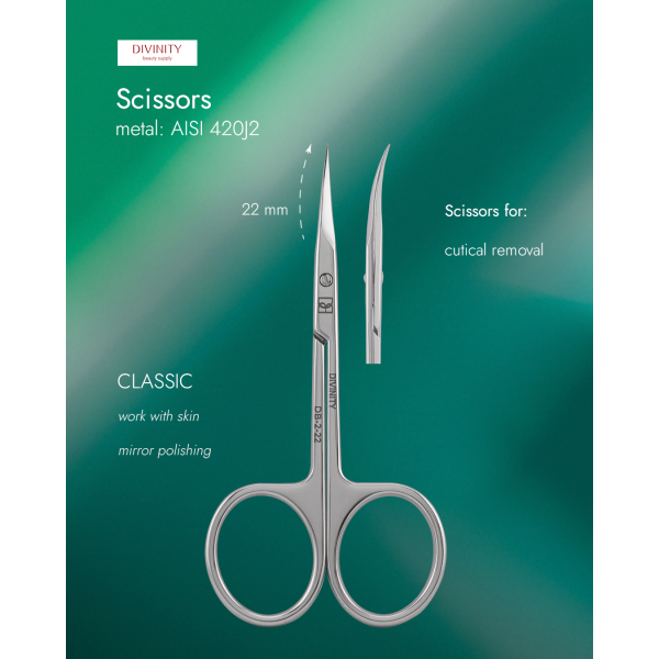Professional scissors for cuticle, mirror polishing, L-99 mm, blades 22 mm