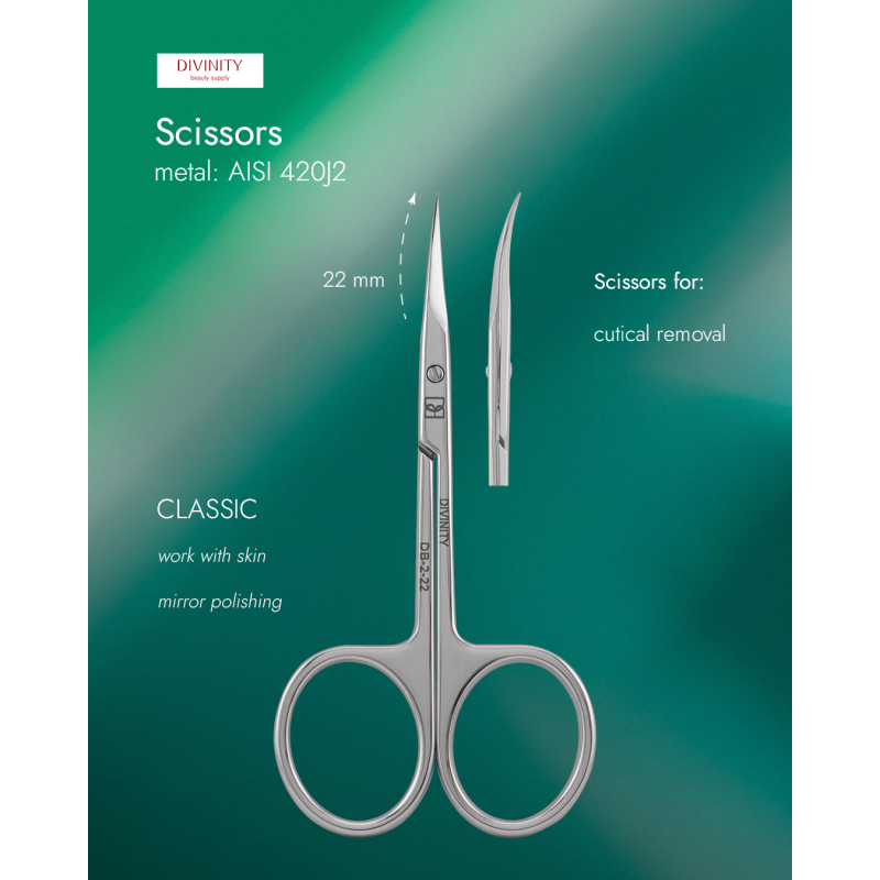 Professional scissors for cuticle, mirror polishing, L-99 mm, blades 22 mm