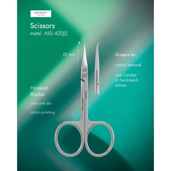 Professional hooked scissors for cuticle, mirror polishing, L-95 mm, blades 22 mm. 
