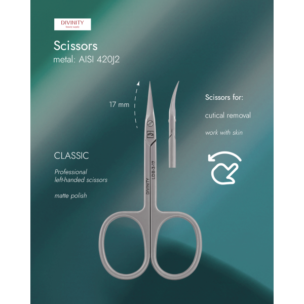 Professional left-handed scissors for cuticle, matte, L-89 mm, blades 17 mm