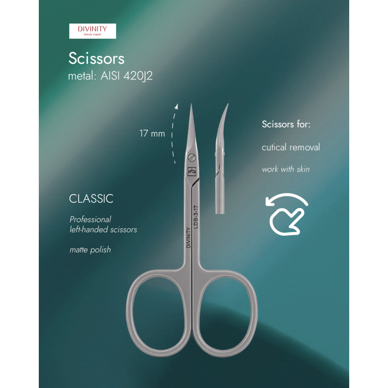 Professional left-handed scissors for cuticle, matte, L-89 mm, blades 17 mm