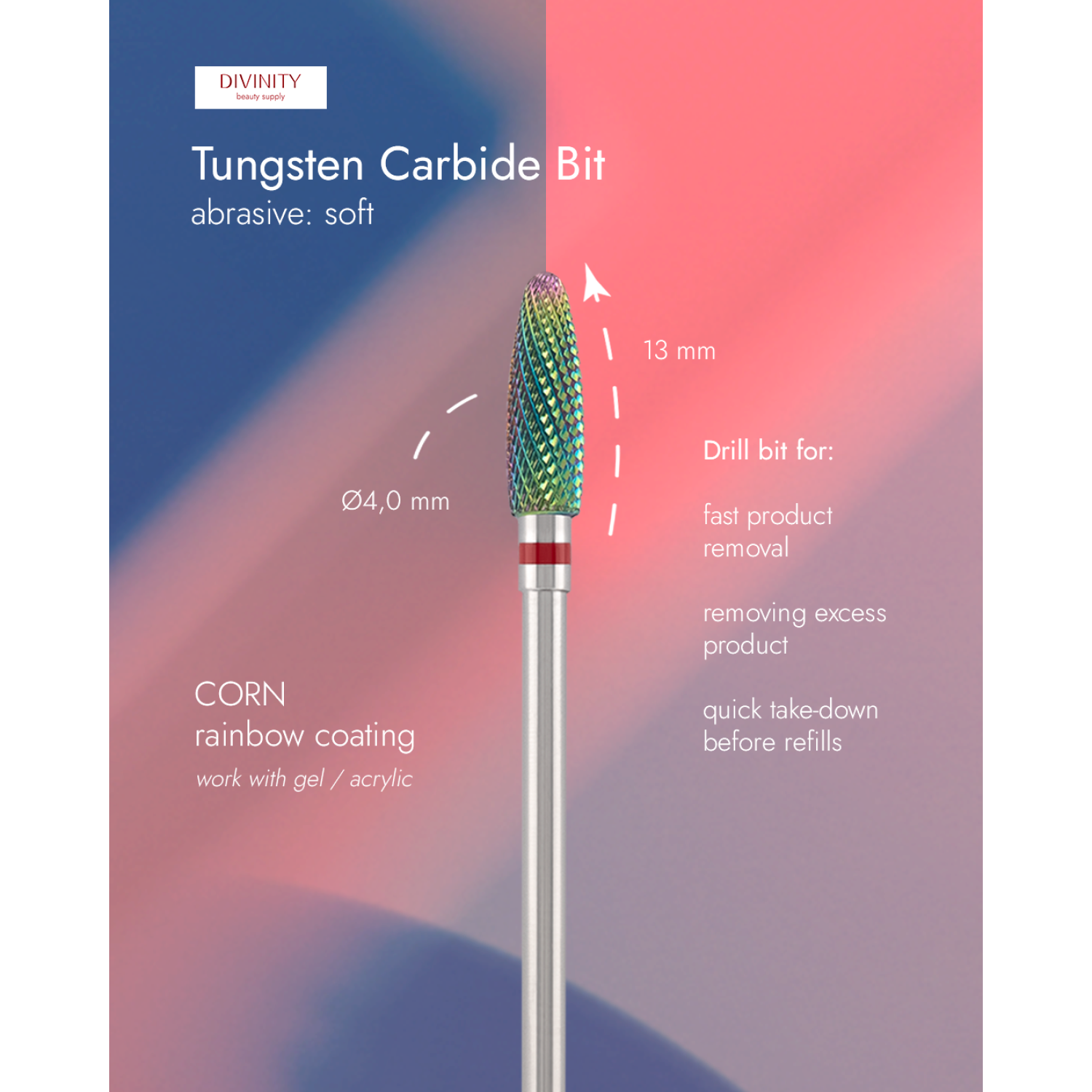 Tungsten carbide bit "corn" red (rainbow coating), L-13,0 mm, Ø4,0 mm