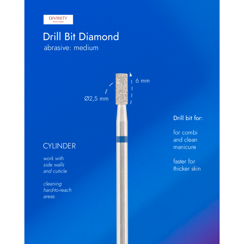 Diamond bit "cylinder" blue, L-6,0 mm, Ø2,5 mm