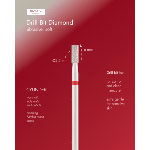 Diamond bit "cylinder" red, L-6,0 mm, Ø2,5 mm