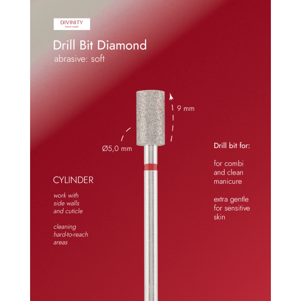 Diamond bit "cylinder" red, L-9,0 mm, Ø5,0 mm