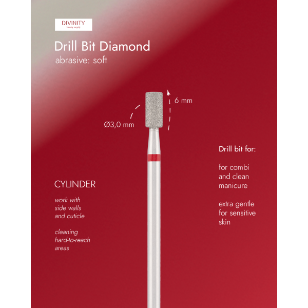 Diamond bit "cylinder" red, L-6,0 mm, Ø3,0 mm