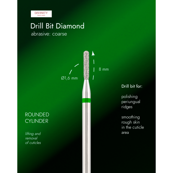 Diamond bit "rounded cylinder" green, L-7,0 mm, Ø1,6 mm