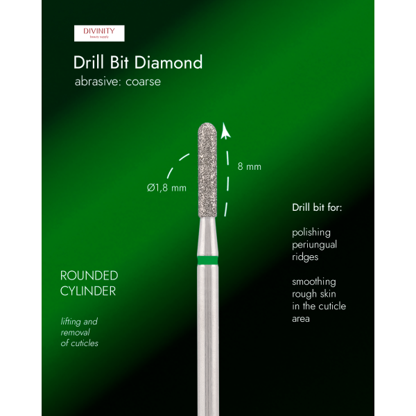 Diamond bit "rounded cylinder" green, L-7,0 mm, Ø1,8 mm