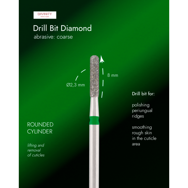 Diamond bit "rounded cylinder" green, L-7,0 mm, Ø2,3 mm