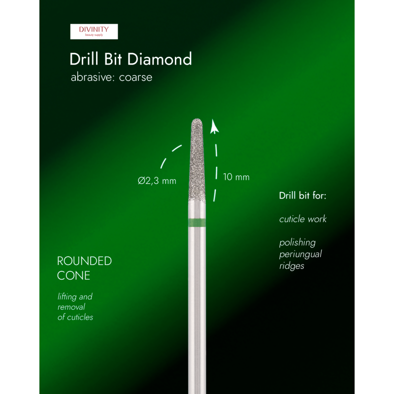 Diamond bit "rounded cone" green, L-10,0 mm, Ø2,3 mm