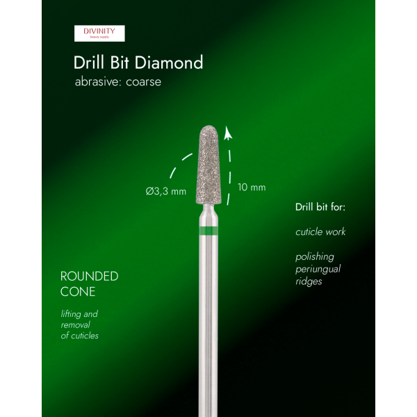 Diamond bit "rounded cone" green, L-10,0 mm, Ø3,3 mm