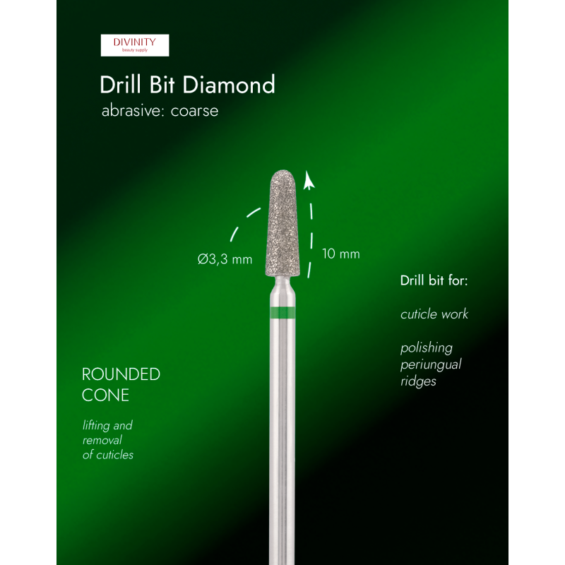 Diamond bit "rounded cone" green, L-10,0 mm, Ø3,3 mm