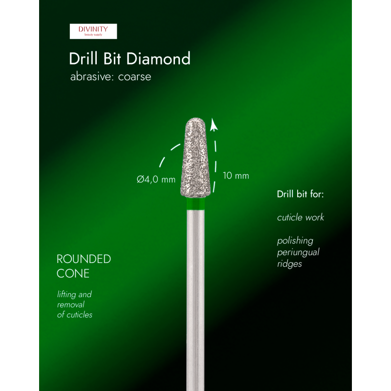 Diamond bit "rounded cone" green, L-10,0 mm, Ø4,0 mm