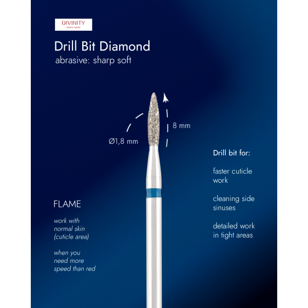 Diamond bit "flame" sharp blue, L- 10,0 mm, Ø1,8 mm