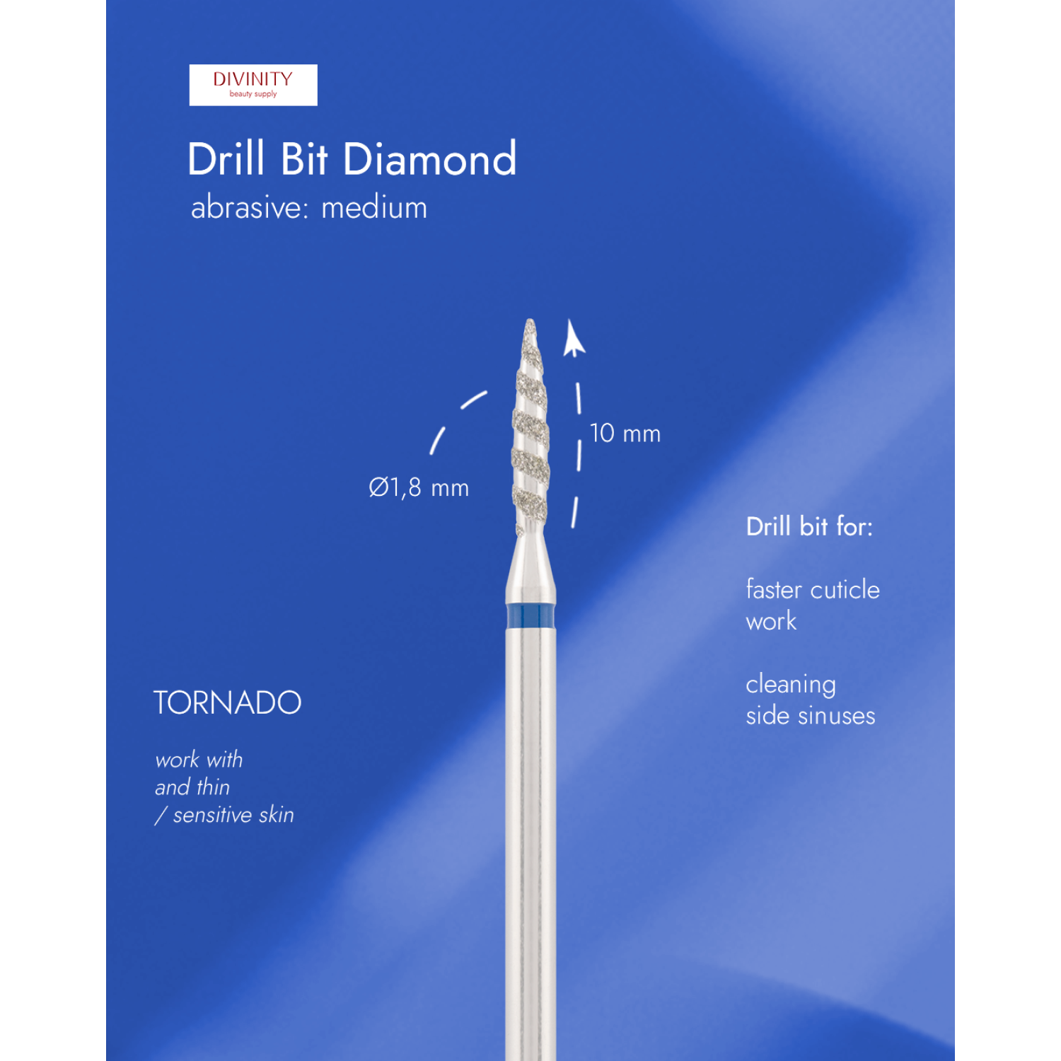 Diamond bit "tornado" blue, L- 10,0 mm, Ø1,8 mm