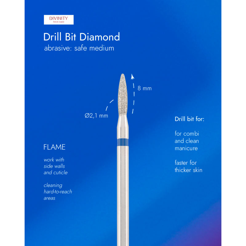 Diamond bit "flame" safe blue, L- 8,0 mm, Ø2,1 mm