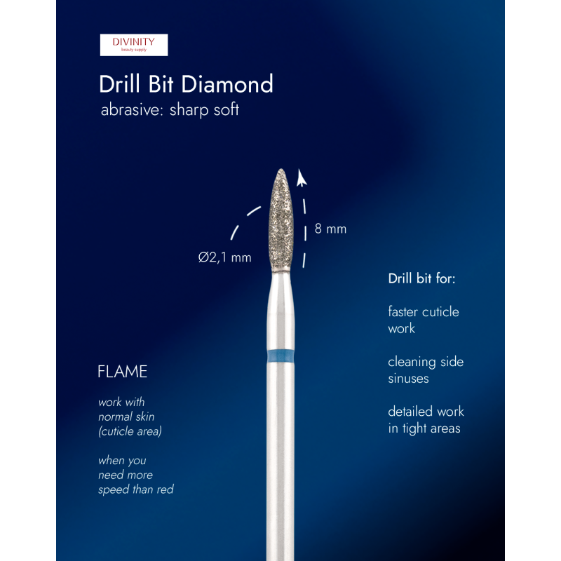 Diamond bit "flame" sharp blue, L- 8,0 mm, Ø2,1 mm