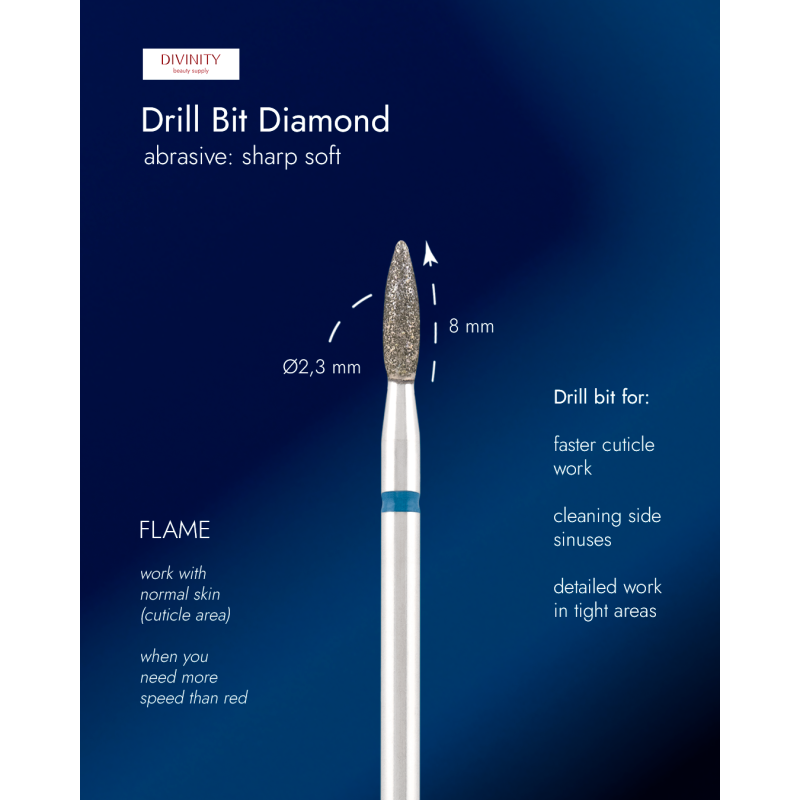 Diamond bit "flame" sharp blue, L- 10,0 mm, Ø2,3 mm