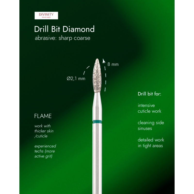 Diamond bit "flame" sharp green, L- 8,0 mm, Ø2,1 mm