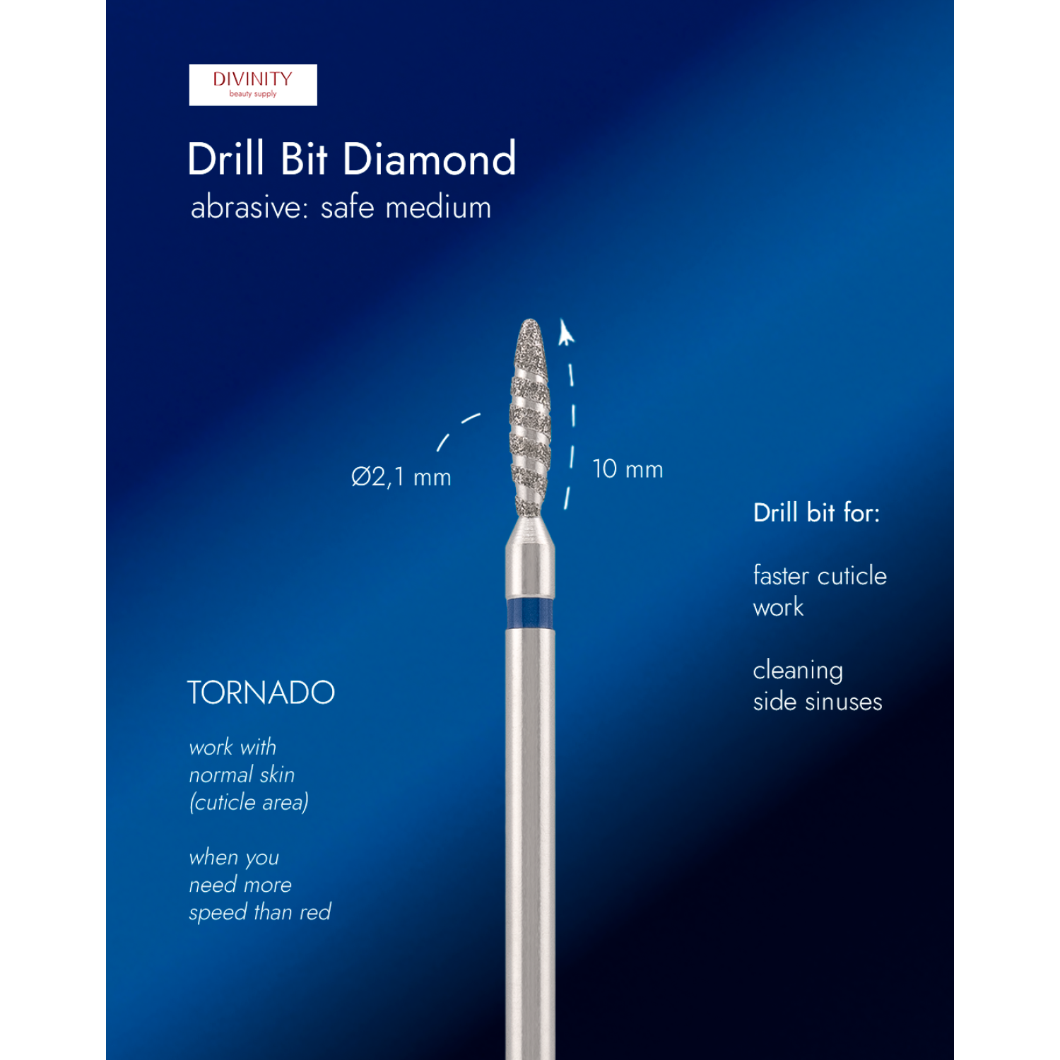 Diamond bit "tornado" safe blue, L- 10,0 mm, Ø2,1 mm