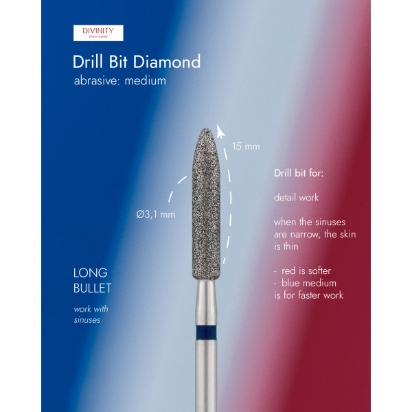 Diamond bit "long bulet" blue, L- 15,0 mm, Ø3,1 mm
