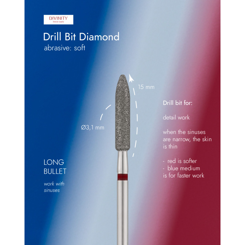 Diamond bit "long bulet" red, L- 15,0 mm, Ø3,1 mm
