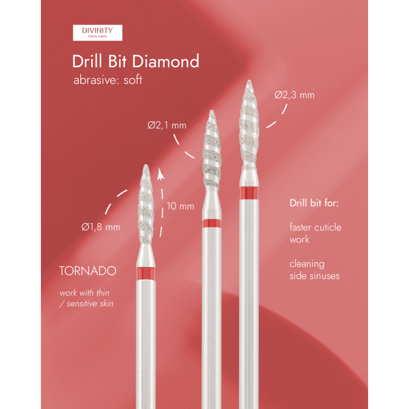 Diamond bit "tornado" red, L- 10,0 mm, Ø2,1 mm