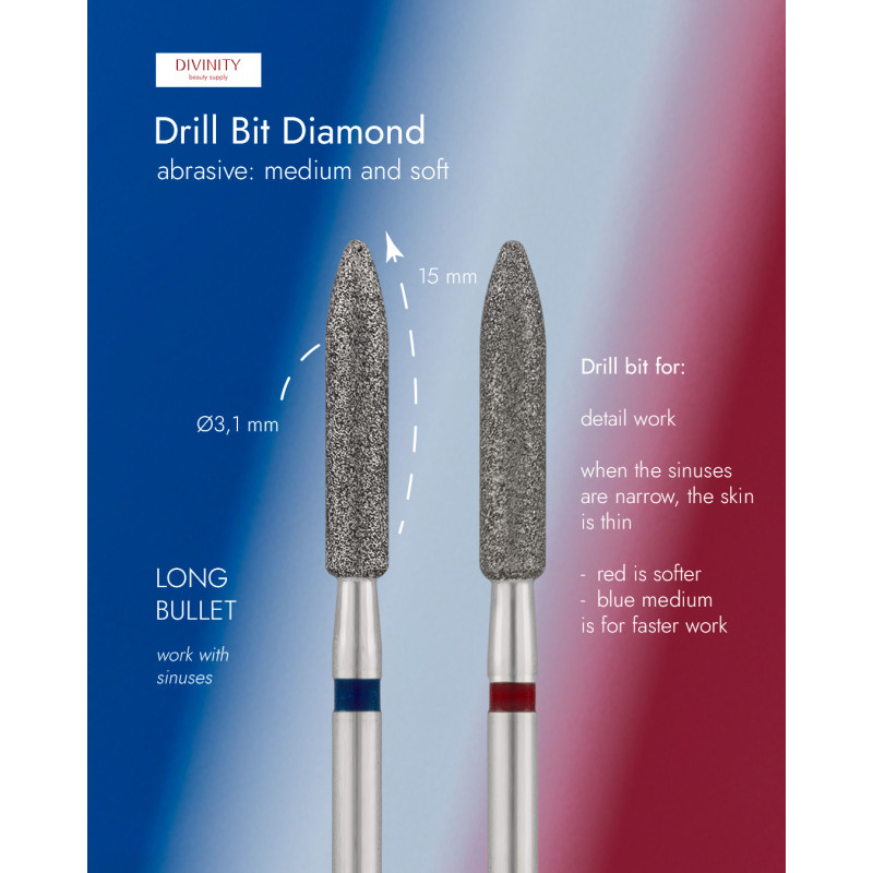 Diamond bit "long bulet" blue, L- 15,0 mm, Ø3,1 mm
