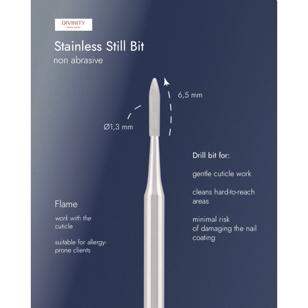 Stainless steel bit "flame" non abrasive, for gentle cleaning the nails, L-6,5 mm, Ø1,3 mm
