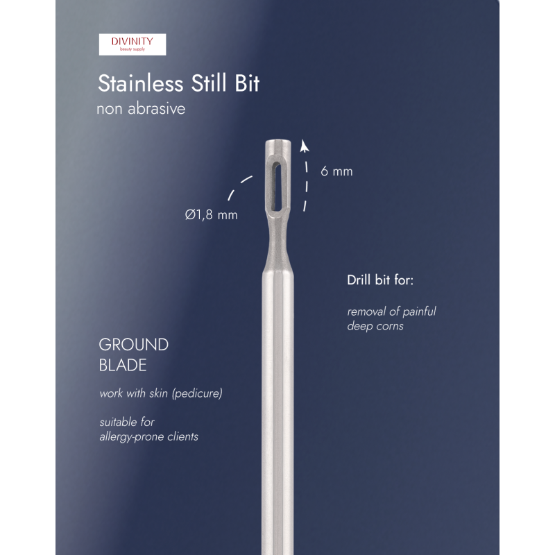 Stainless steel bit with ground blade, for removal of painful deep corns, L-6,0 mm, Ø1,8 mm