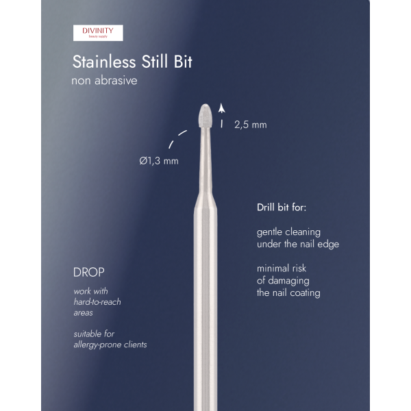 Stainless steel bit "drop" non abrasive, for gentle removal nails, L-2,5 mm, Ø1,3 mm