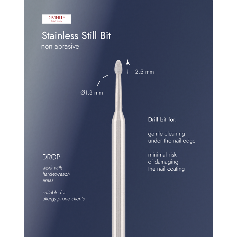 Stainless steel bit "drop" non abrasive, for gentle removal nails, L-2,5 mm, Ø1,3 mm