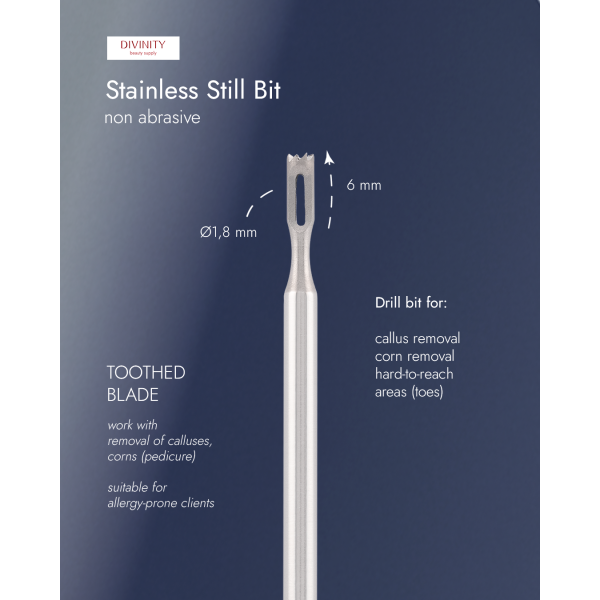 Stainless steel bit with toothed blade, for removal of calluses, corns, L-6,0 mm, Ø1,8 mm