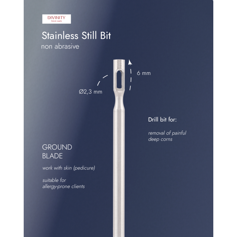 Stainless steel bit with ground blade, for removal of painful deep corns, L-6,0 mm, Ø2,3 mm