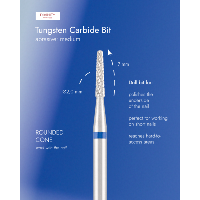 Tungsten carbide bit "rounded cone", blue, L-7,0 mm, Ø2,0 mm