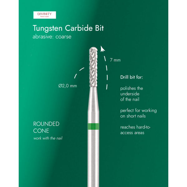 Tungsten carbide bit "rounded cone", green, L-7,0 mm, Ø2,0 mm