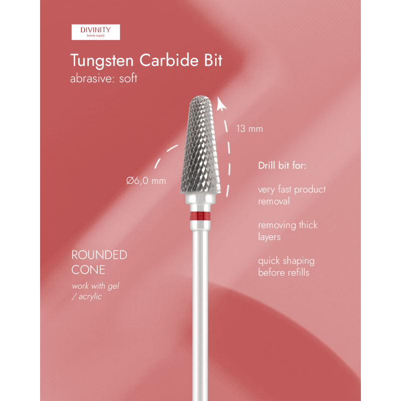 Tungsten carbide bit "rounded cone", red, L-13,0 mm, Ø6,0 mm