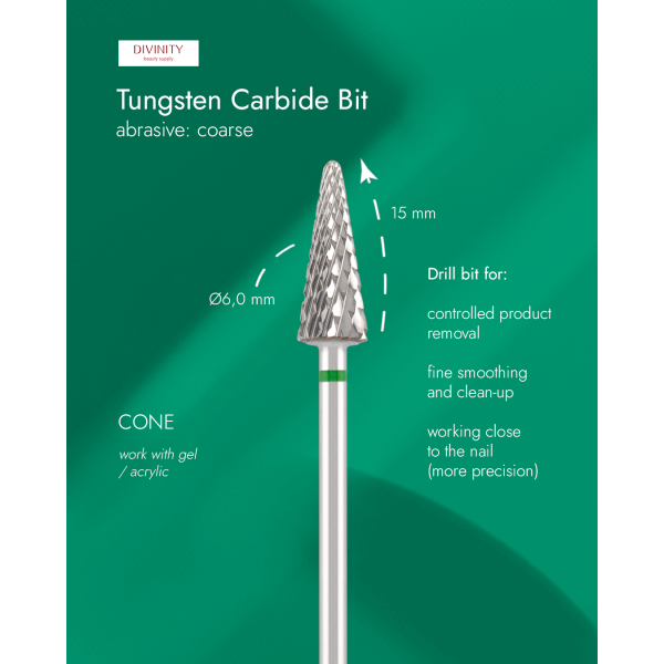 Tungsten carbide bit "cone", green, L-13,0 mm, Ø6,0 mm