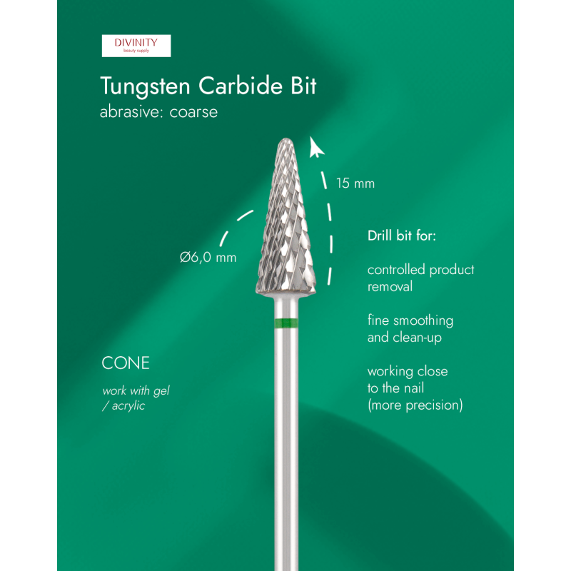 Tungsten carbide bit "cone", green, L-13,0 mm, Ø6,0 mm