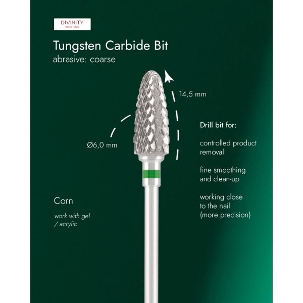 Tungsten carbide bit "corn", green, L-14,5 mm, Ø6,0 mm