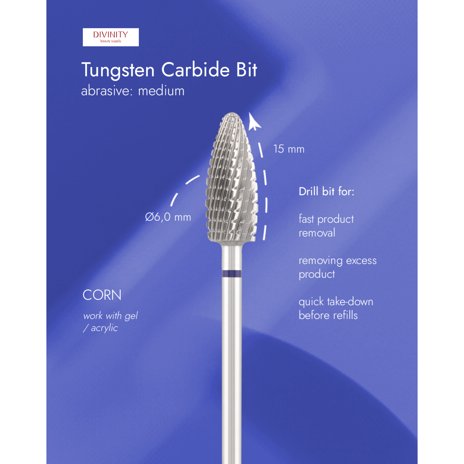 Tungsten carbide bit "corn", blue, L-15,0 mm, Ø6,0 mm