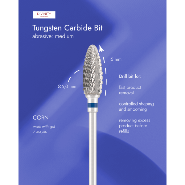 Tungsten carbide bit "corn", blue, L-15,0 mm, Ø6,0 mm