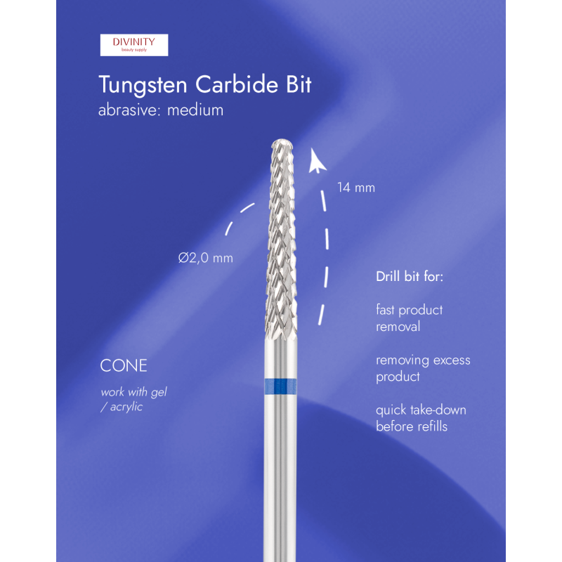 Tungsten carbide bit "cone", blue, L-14,0 mm, Ø2,0 mm