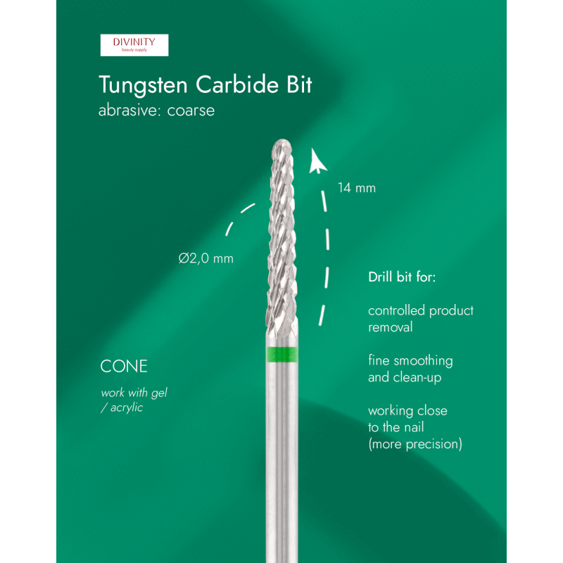 Tungsten carbide bit "cone", green, L-15,0 mm, Ø2,0 mm