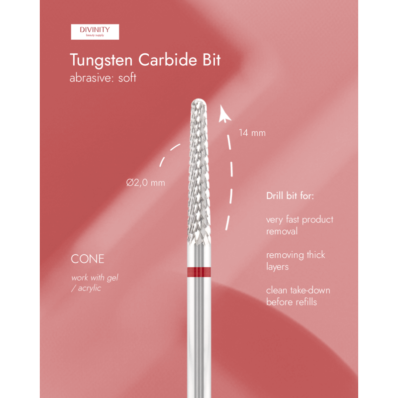 Tungsten carbide bit "cone", red, L-14,0 mm, Ø2,0 mm
