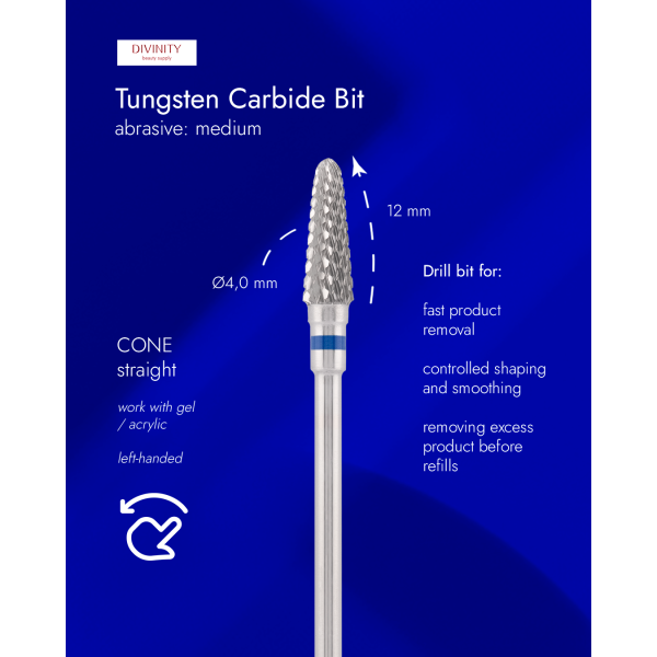 Tungsten carbide bit "cone" straight, blue , L-12,0 mm, Ø4,0 mm