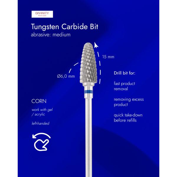 Tungsten carbide bit "corn" left-handed, blue, L-15,0 mm, Ø6,0 mm
